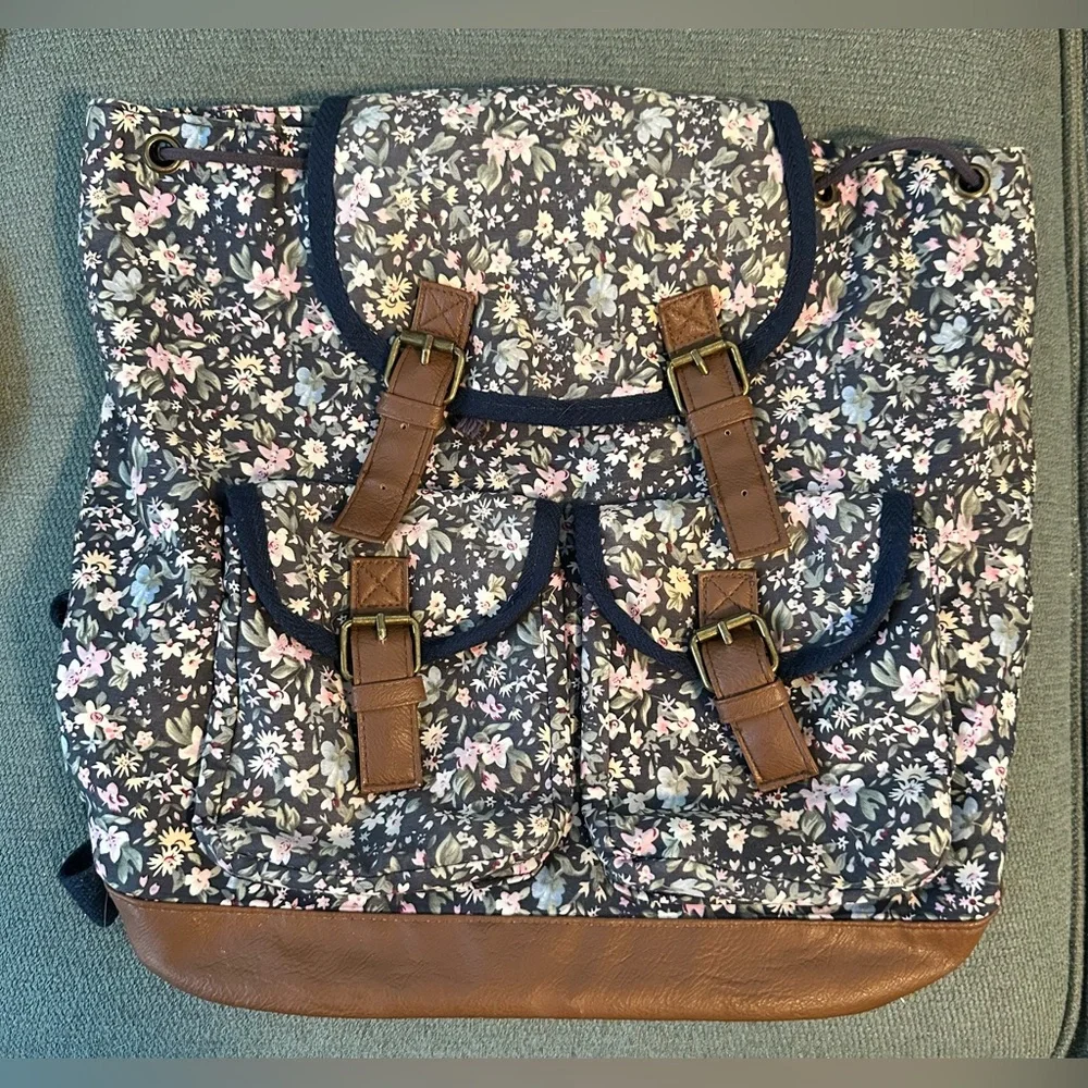 Candie's Navy/Multi Floral Canvas/Faux Leather Trim Cargo Backpack